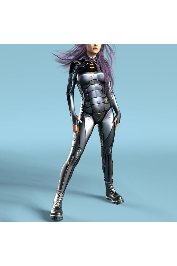 Jumpsuits for Women Women Skeleton Robot 3D Printing Bodysuit Zipper Back Halloween Costume Full Body Bodysuit(Black,S)