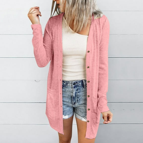 ZAZYULZ Ladies Casual Solid Color Button Pocket Long Sleeve Cardigan Coat(Pink,Xxl)