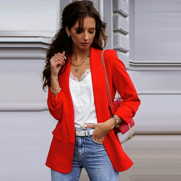 ZAZYULZ Long Sleeve Casual Loose Blazer Suit for Women Ladies Autumn Slim Fit Lapel Office Work Blazer(Red,Xl)