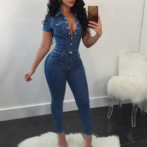 ZAZYULZ New Arrival Women Jumpsuit Women's Slim Short Sleeve Casual Denim Jumpsuit(D,Xl)