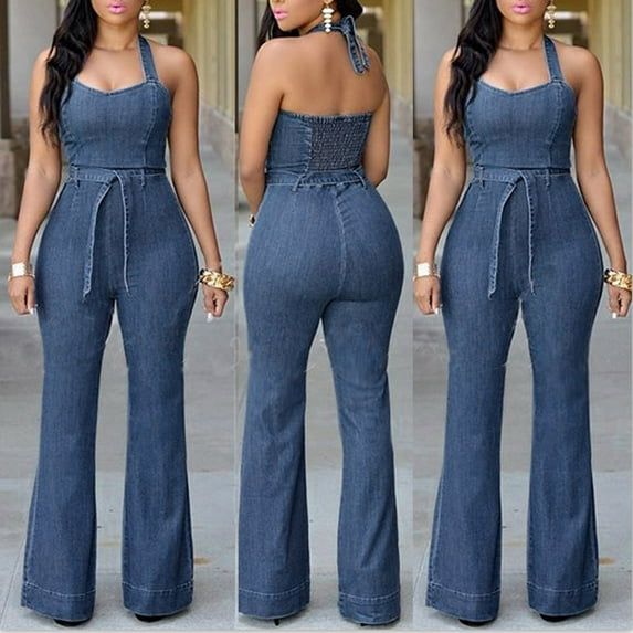 ZAZYULZ New Arrival Womens Jumpsuits Casual Women's Slim Fit Hanging Neck Sleeveless Belt Casual Denim Jumpsuit(C,L)