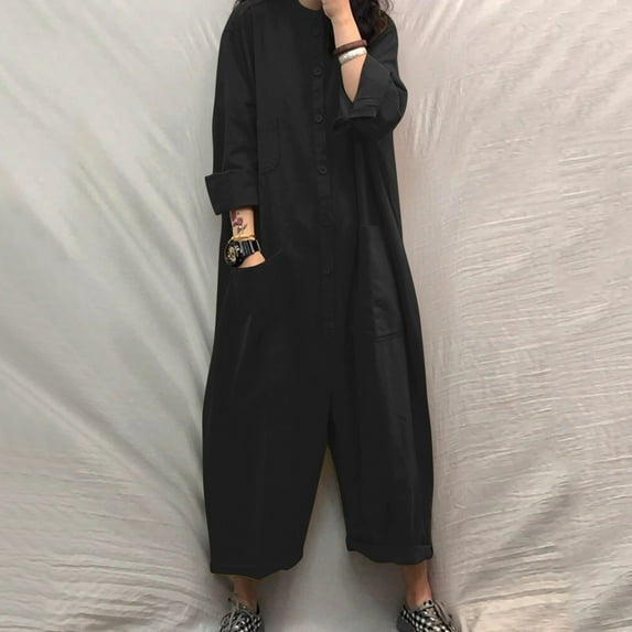 ZAZYULZ Pant Rompers for Women Ladies Autumn Winter Solid Color Pockets Jumpsuit Shirt Long Trousers Jumpsuit(Black,S)