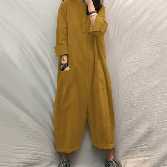 ZAZYULZ Pant Rompers for Women Ladies Autumn Winter Solid Color Pockets Jumpsuit Shirt Long Trousers Jumpsuit(Khaki,L)