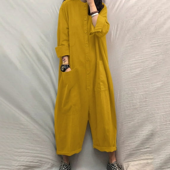 ZAZYULZ Pant Rompers for Women Ladies Autumn Winter Solid Color Pockets Jumpsuit Shirt Long Trousers Jumpsuit(Yellow,S)