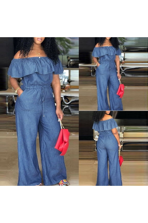 Pant Rompers for Women Women Off Shoulder Denim Jeans Look Long Party Club Playsuits Jumpsuits(Light Blue,Xl)