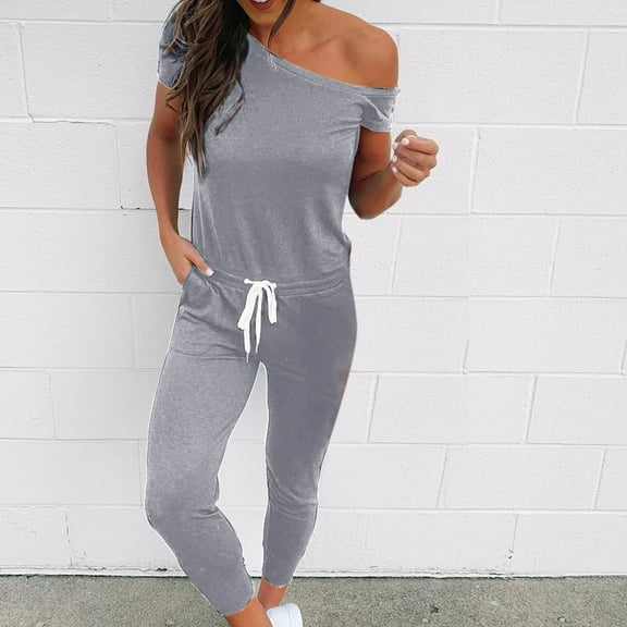 ZAZYULZ Pants Rompers for Women Women Off Shoulder Elastic Waist Beam Foot Jumpsuit Rompers Summer Casual Short Sleeve Loose Playsuit Pants With Pockets(Gray2,S)