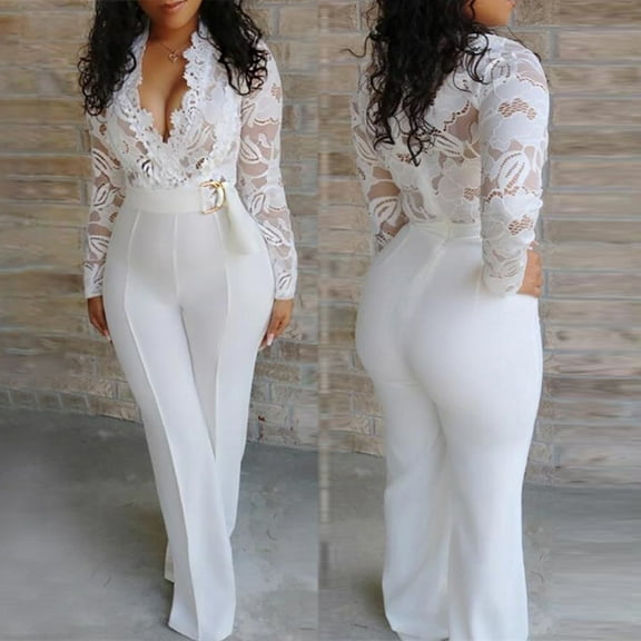 ZAZYULZ Pants Rompers for Women Women's Fashion Sexy Jumpsuit Deep V Neck Lace Stitching Jumpsuit Trousers(White,M)