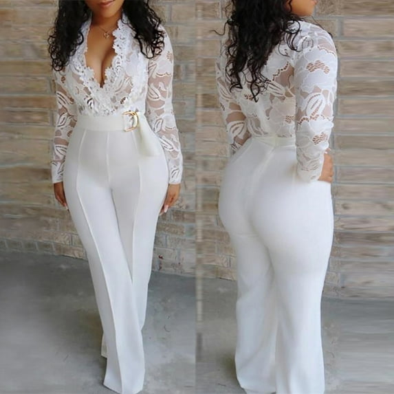 ZAZYULZ Pants Rompers for Women Women's Fashion Sexy Jumpsuit Deep V Neck Lace Stitching Jumpsuit Trousers(White,Xl)