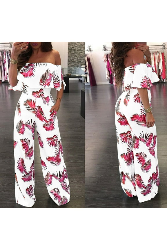 Resort Wear for Women 2024 Women Casual Off Shoulder Floral Leaf Printed Sparkly Capelet Loose Playsuit(Red,Xxl)