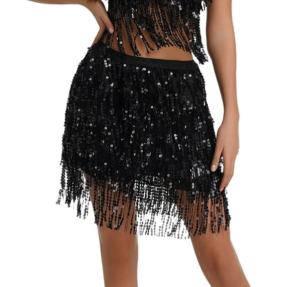 ZAZYULZ Sequin Fringe Women's Nightclub Skirt Skirt Stage with Sparkly Sparkly Costume Fashion Skirt(Black,XL)