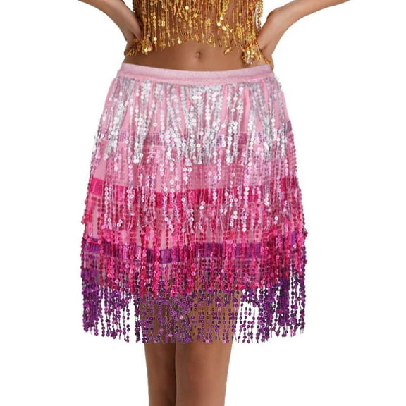 ZAZYULZ Sequin Fringe Women's Nightclub Skirt Skirt Stage with Sparkly Sparkly Costume Fashion Skirt(Pink,M)