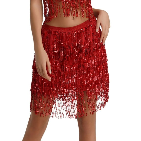 ZAZYULZ Sequin Fringe Women's Nightclub Skirt Skirt Stage with Sparkly Sparkly Costume Fashion Skirt(Red,M)