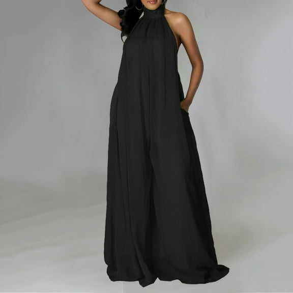 ZAZYULZ Summer Jumpsuit Women's Sexy Summer Jumpsuit Neck Sleeveless Chiffon Wide Leg Long Pant Jumpsuit Romper(Black,L)