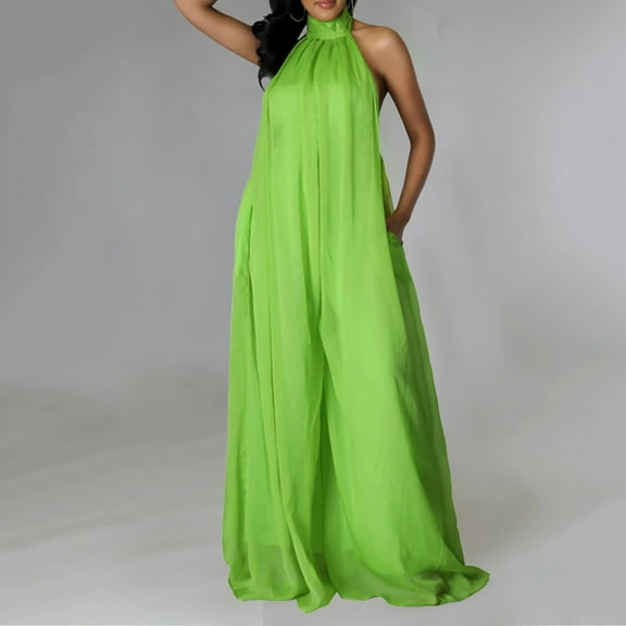 ZAZYULZ Summer Jumpsuit Women's Sexy Summer Jumpsuit Neck Sleeveless Chiffon Wide Leg Long Pant Jumpsuit Romper(Green,L)