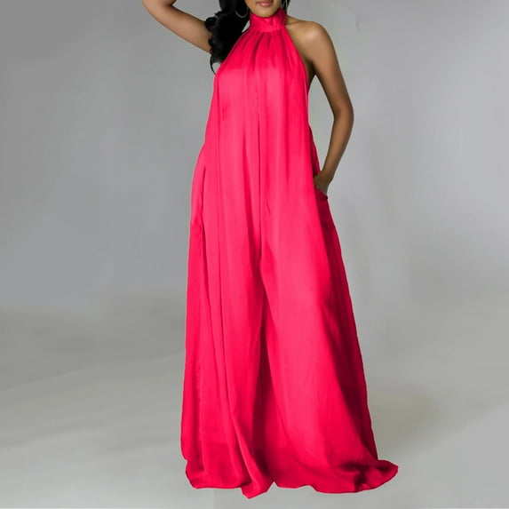 ZAZYULZ Summer Jumpsuit Women's Sexy Summer Jumpsuit Neck Sleeveless Chiffon Wide Leg Long Pant Jumpsuit Romper(Hot Pink,L)