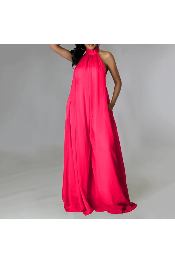 Summer Jumpsuit Women's Sexy Summer Jumpsuit Neck Sleeveless Chiffon Wide Leg Long Pant Jumpsuit Romper(Hot Pink,S)