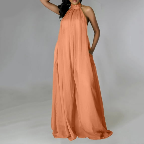 ZAZYULZ Summer Jumpsuit Women's Sexy Summer Jumpsuit Neck Sleeveless Chiffon Wide Leg Long Pant Jumpsuit Romper(Orange,L)