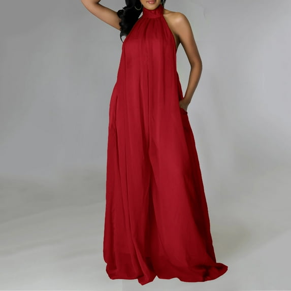 ZAZYULZ Summer Jumpsuit Women's Sexy Summer Jumpsuit Neck Sleeveless Chiffon Wide Leg Long Pant Jumpsuit Romper(Red,S)