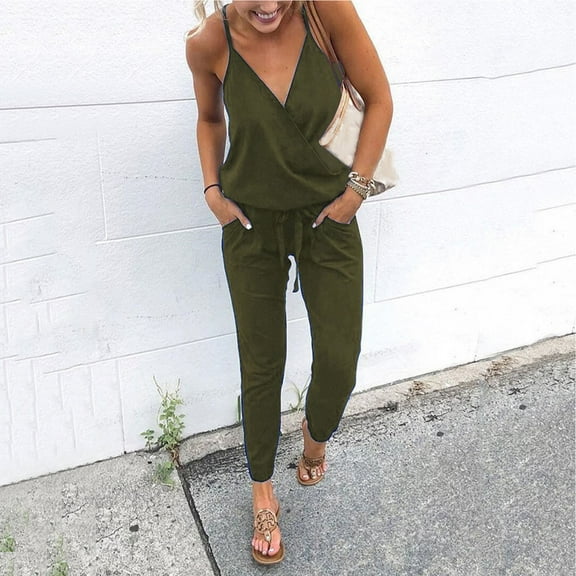 ZAZYULZ Summer Jumpsuit Women's V Neck Spaghetti Strap Drawstring Waisted Long Pants Jumpsuit Rompers(Army Green,Xxl)