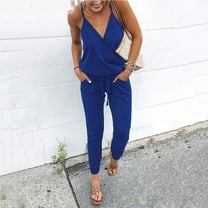 ZAZYULZ Summer Jumpsuit Women's V Neck Spaghetti Strap Drawstring Waisted Long Pants Jumpsuit Rompers(Blue,Xl)