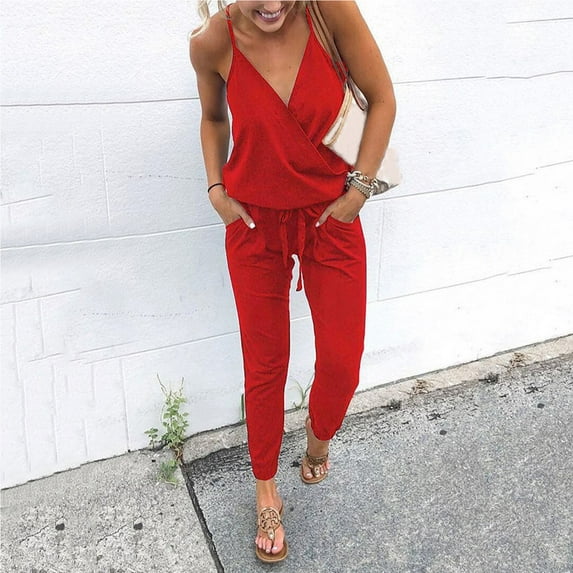 ZAZYULZ Summer Jumpsuit Women's V Neck Spaghetti Strap Drawstring Waisted Long Pants Jumpsuit Rompers(Red,M)