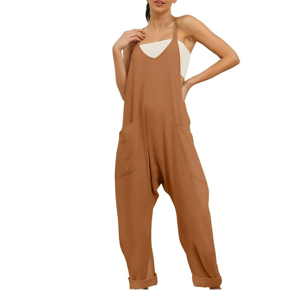 ZAZYULZ Summer Jumpsuits Womens Casual Summer Jumpsuit Sleeveless Loose Solid Color Comfortable Strap Loose Jumpsuit Pocket Jumpsuit(Brown,Xxxxl)