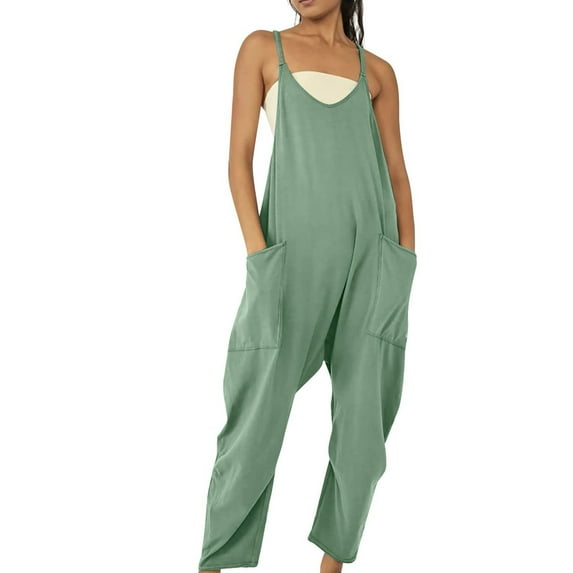ZAZYULZ Summer Jumpsuits Womens Casual Summer Jumpsuit Sleeveless Loose Solid Color Comfortable Strap Loose Jumpsuit Pocket Jumpsuit(Green,Xxxl)