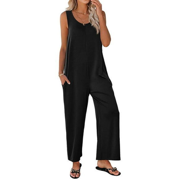 ZAZYULZ Summer Jumpsuits Womens Tank Jumpsuits Scoop Neck Sleeveless Rompers Casual Wide Leg Loose Fit Rompers With Pockets(Black,M)