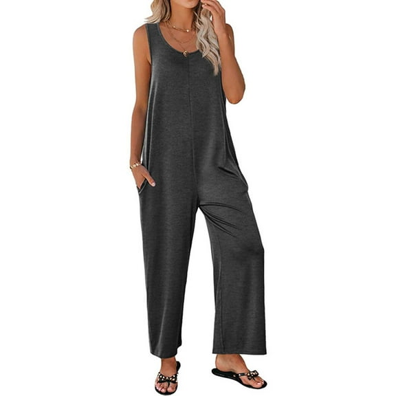 ZAZYULZ Summer Jumpsuits Womens Tank Jumpsuits Scoop Neck Sleeveless Rompers Casual Wide Leg Loose Fit Rompers With Pockets(Grey,L)