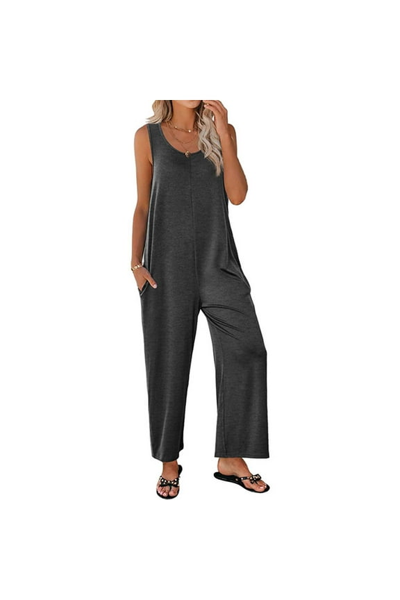 Summer Jumpsuits Womens Tank Jumpsuits Scoop Neck Sleeveless Rompers Casual Wide Leg Loose Fit Rompers With Pockets(Grey,Xxl)