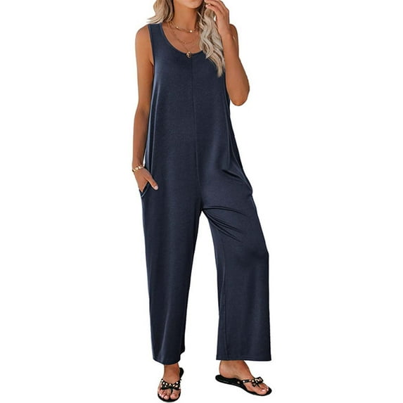 ZAZYULZ Summer Jumpsuits Womens Tank Jumpsuits Scoop Neck Sleeveless Rompers Casual Wide Leg Loose Fit Rompers With Pockets(Navy Blue,Xl)