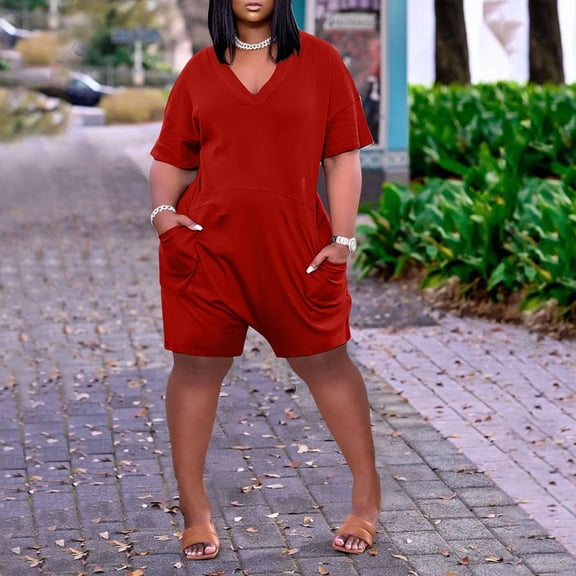 ZAZYULZ Summer Outfit Comfortable Leg Pockets Neck Short Women Sleeve Jumpsuit Wide V Summer Romper Short Women Jumpsuit(Red,Xxl)