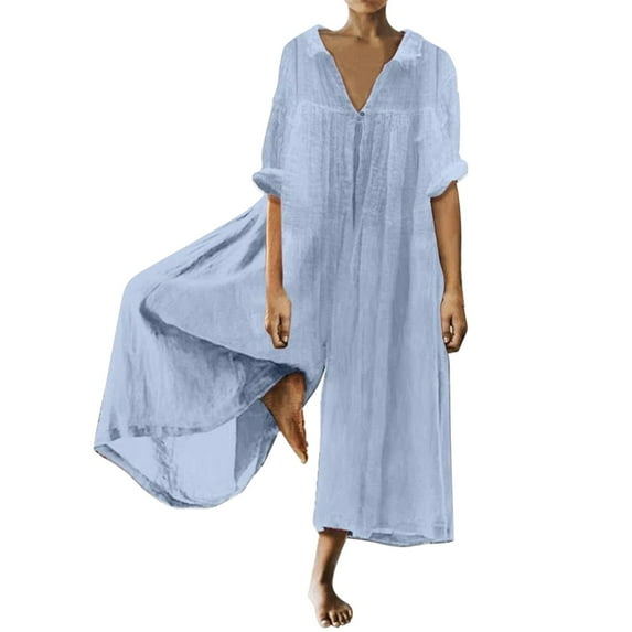 ZAZYULZ Summer Outfits for Women 2024 Trendy Women's Fashion Women's Temperament Elegant Long Comfortable And Breathable Five Part Sleeve Jumpsuit(Blue,Xl)