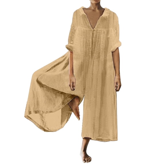 ZAZYULZ Summer Outfits for Women 2024 Trendy Women's Fashion Women's Temperament Elegant Long Comfortable And Breathable Five Part Sleeve Jumpsuit(Yellow,S)