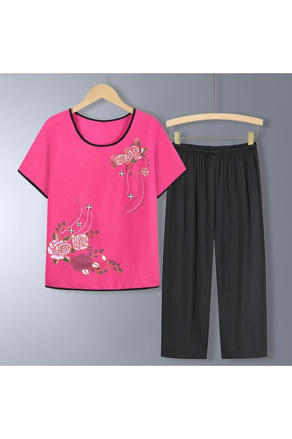 Two Piece Sets for Women Women Casual Floral Print Shirts Cropped Pants 2 Piece Outfits Matching Tracksuit Plus Size Elastic Waist Capri Pants Set(Hot Pink,Xxxl)