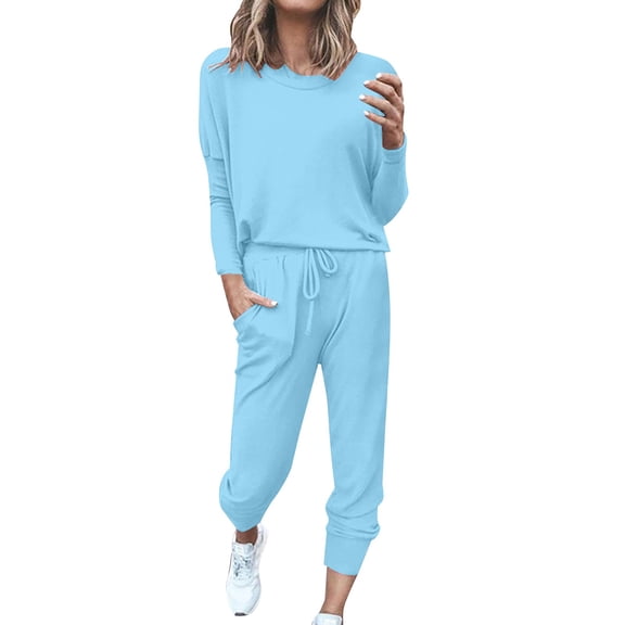 ZAZYULZ Two Piece Sets for Women Women Fashion Solid Color Long Sleeve Bandage Loose Long Pants 2 Set Piece(Blue2,S)