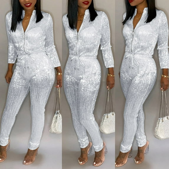 ZAZYULZ Vacation Outfits for Women 2024 Women Fashion Solid Siamese Pant Zipper Long Sleeved Turtleneck Jumpsuit(White,S)