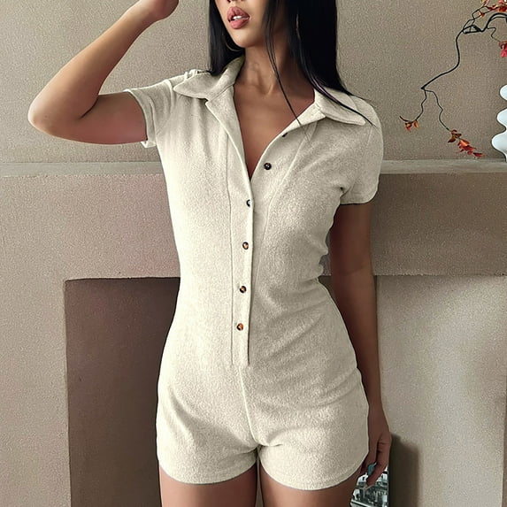 ZAZYULZ Wide Leg Jumpsuit Womens Casual Tight Dress Lapel Button Romper Shorts(White,M)