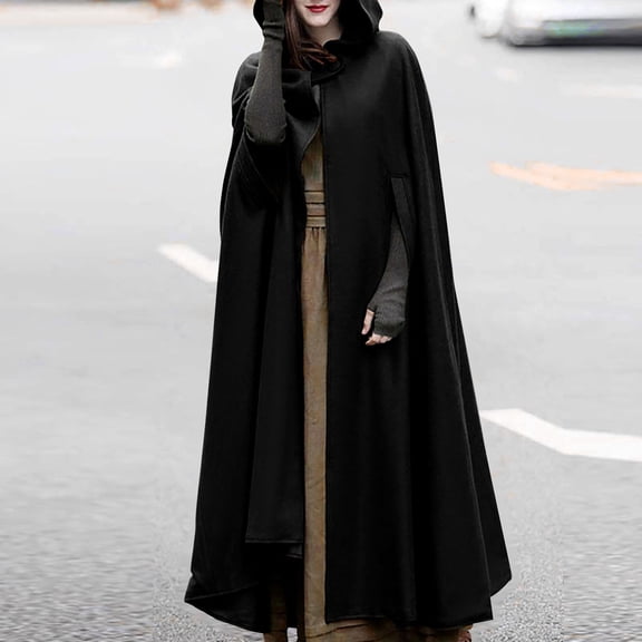 ZAZYULZ Winter Coats for Women Gothic Open Front Hooded Cardigan Long Coat Solid Color Cloak Cape Winter Outdoor Jackets(Black,Xl)