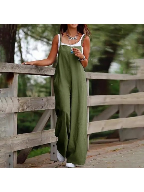 Women 2024 Petite Floral Sleeveless Baggy Rompers 2024 Party Loose Fit Jumpsuits Flowy Beach(Army Green,L)