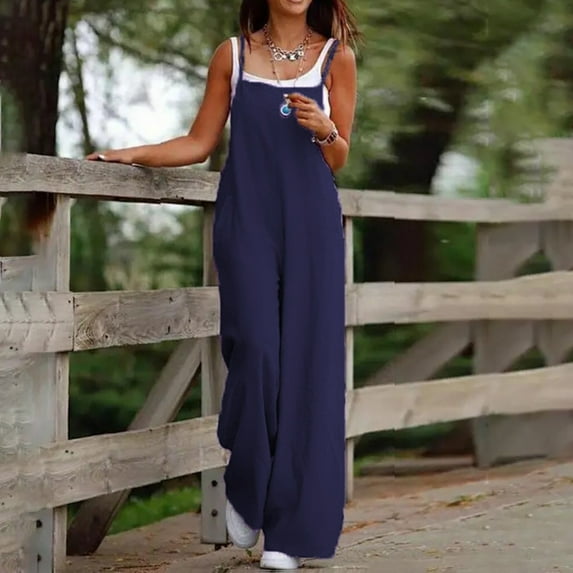 ZAZYULZ Women 2024 Petite Floral Sleeveless Baggy Rompers 2024 Party Loose Fit Jumpsuits Flowy Beach(Navy Blue,L)