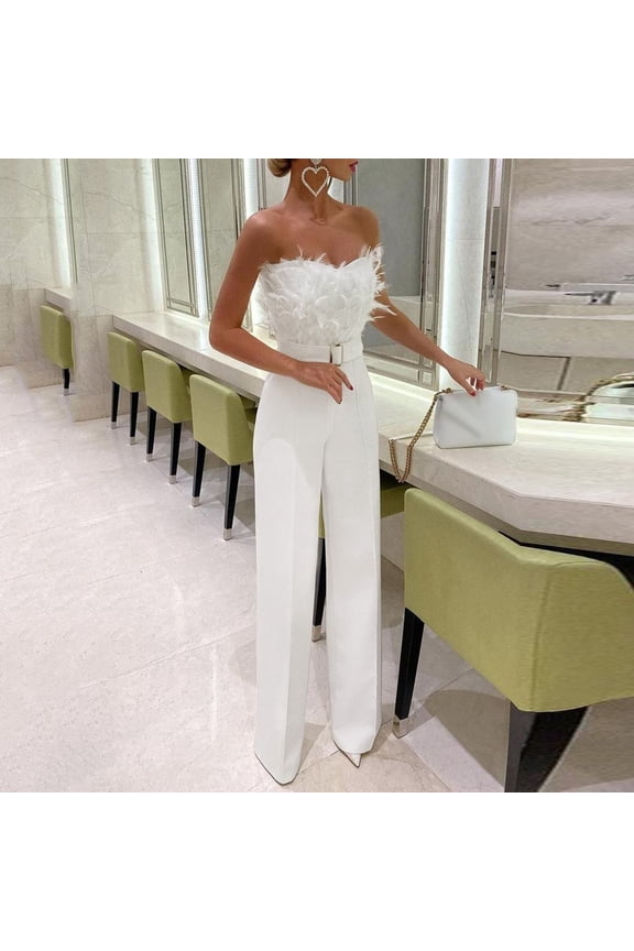 Women Jumpsuit 2024 Woman Feather Bra Sexy Fashion Jumpsuit Evening Clothes(White,S)