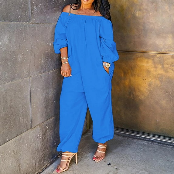 ZAZYULZ Women Jumpsuits Women Casual Solid Cold Shoulder Long Sleeve Jumpsuit Loong Siamese Plus Size Pocket Rompers(Blue,Xl)