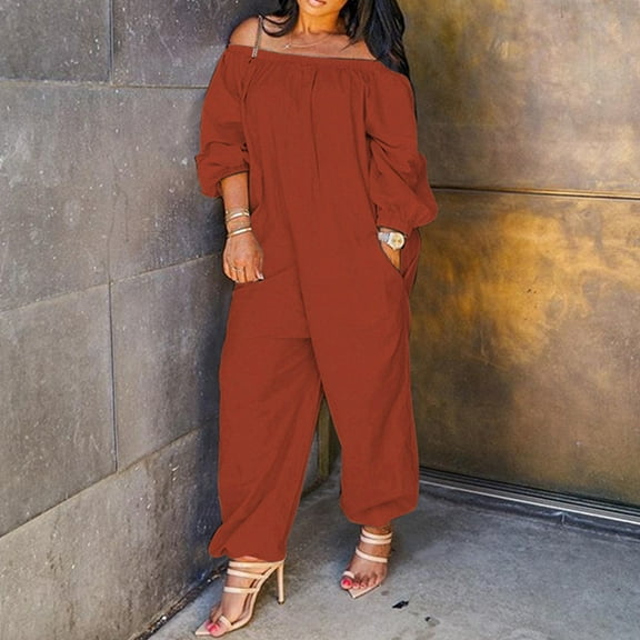 ZAZYULZ Women Jumpsuits Women Casual Solid Cold Shoulder Long Sleeve Jumpsuit Loong Siamese Plus Size Pocket Rompers(Brown,Xxl)