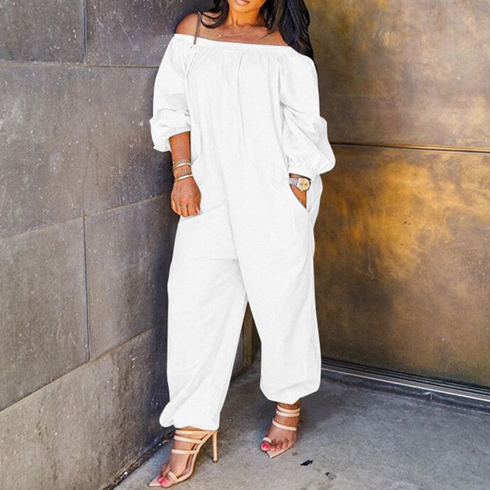 ZAZYULZ Women Jumpsuits Women Casual Solid Cold Shoulder Long Sleeve Jumpsuit Loong Siamese Plus Size Pocket Rompers White M Walmart