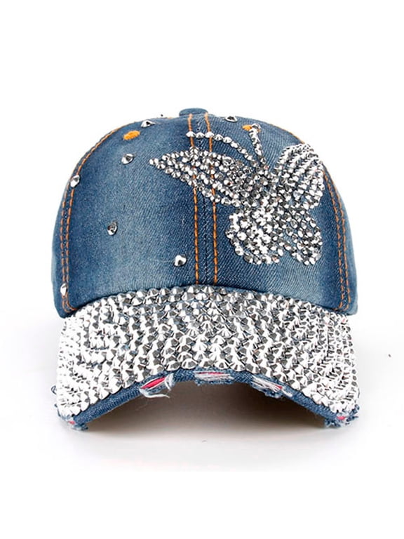 Women Men Butterfly Denim Rhinestone Baseball Cap Snapback Hip Hop Flat Hat(Blue,One Size)