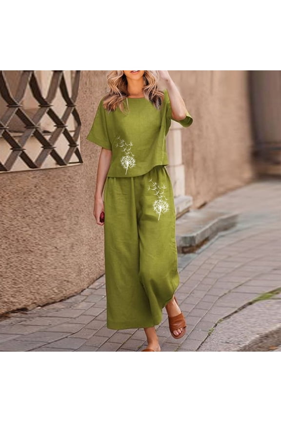 Women Suits Linen Sets for Women 2 Piece Ladies Cotton Short Sleeve Printed Blouse Loose Cropped Pants Two Piece Suit Pant Suits(Army Green,S)