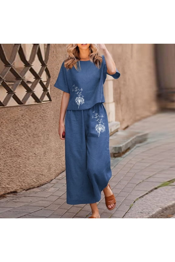 Women Suits Linen Sets for Women 2 Piece Ladies Cotton Short Sleeve Printed Blouse Loose Cropped Pants Two Piece Suit Pant Suits(Navy Blue,Xxxxl)