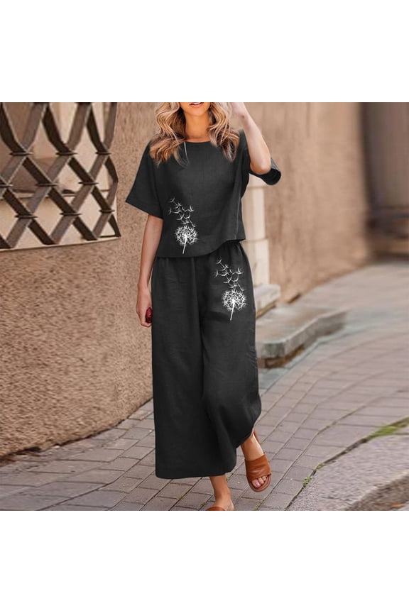 Women Suits Linen Sets for Women 2 Piece Ladies Cotton Short Sleeve Printed Blouse Loose Cropped Pants Two Piece Suit Pant Suits(Black,Xxxl)