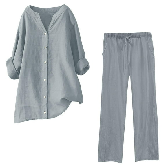 ZAZYULZ Women Suits Women's Solid Color Fashionable Casual Cotton And Linen Pocket Long Sleeved Shirt Tie Up Long Pants Set(Gray,Xxxxxl)